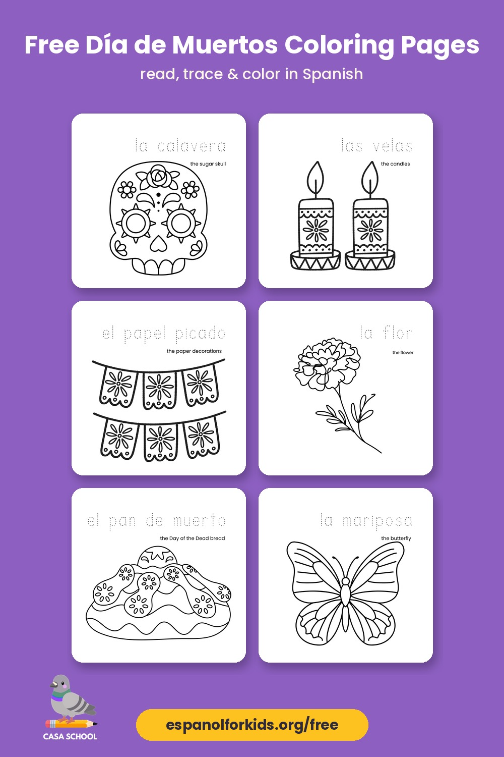 Free Día de Muertos coloring pages in Spanish for kids, with Spanish words to read and trace