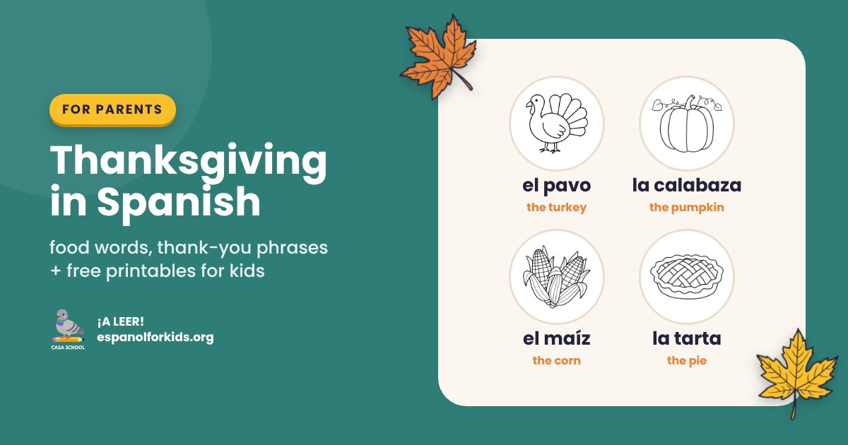 A Thanksgiving table with a roast turkey, pie and fall foods, with the title Thanksgiving in Spanish