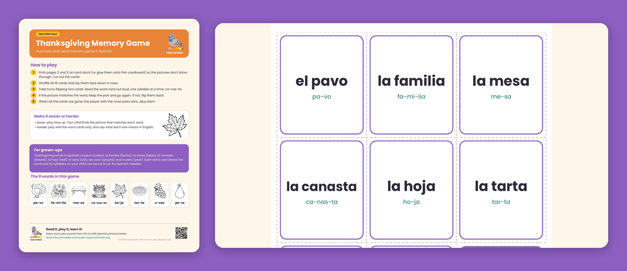 Thanksgiving memory cards in Spanish with pictures of a turkey, a family, a table, a basket, a leaf and a pie