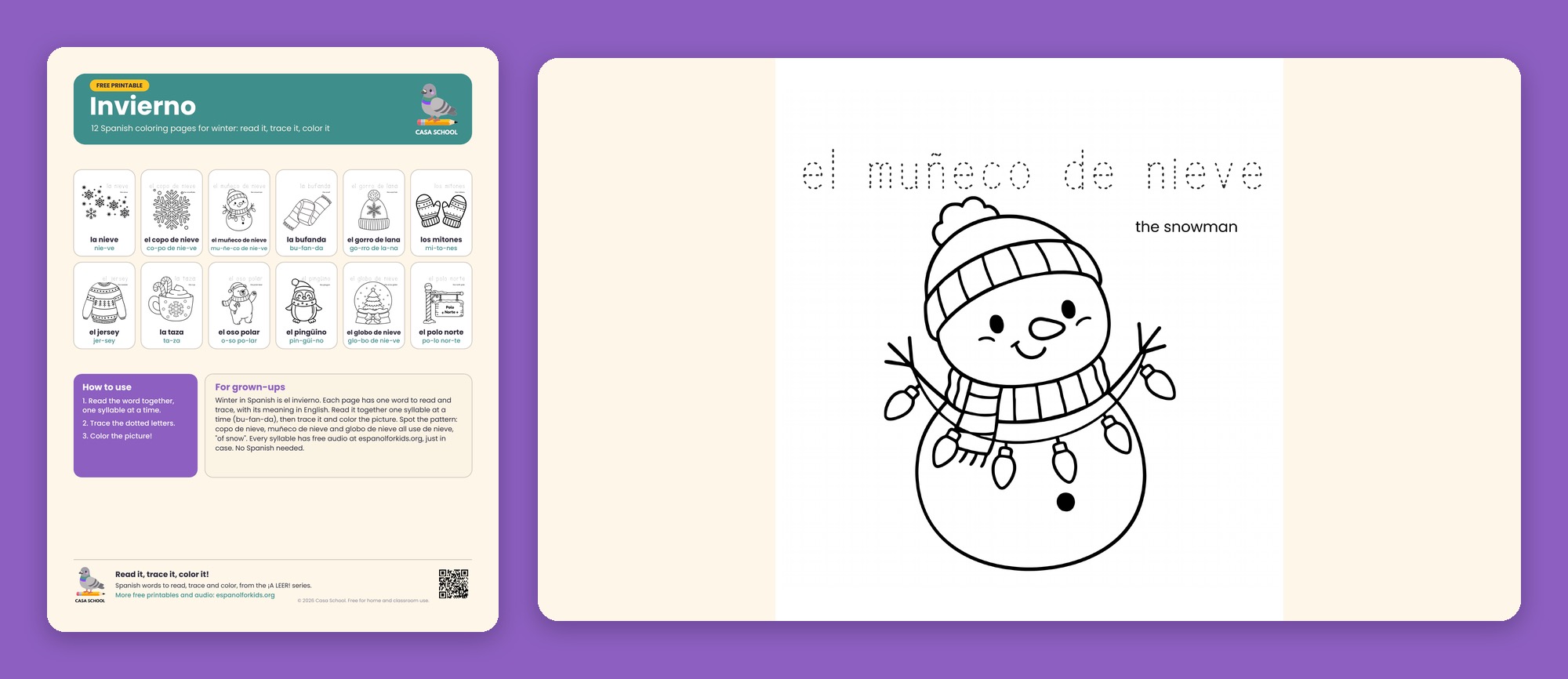 Winter coloring pages in Spanish with words to read, trace and color