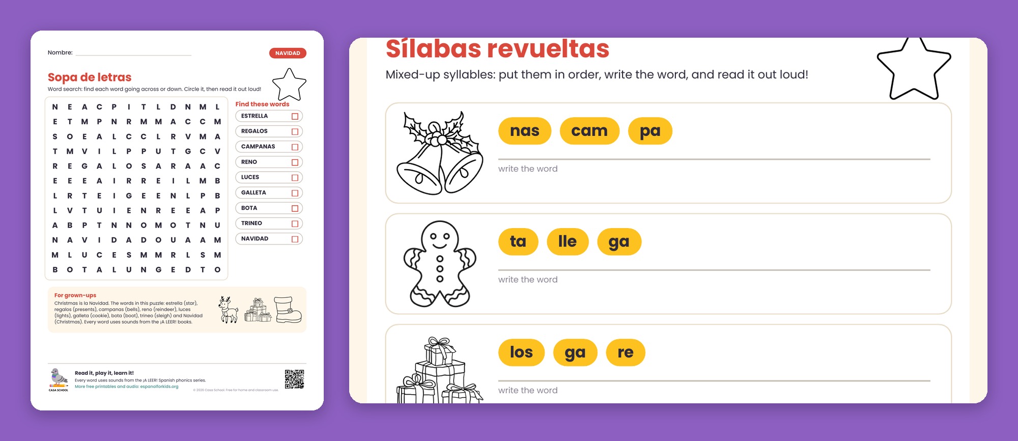 Christmas word search in Spanish with mixed-up syllables puzzle