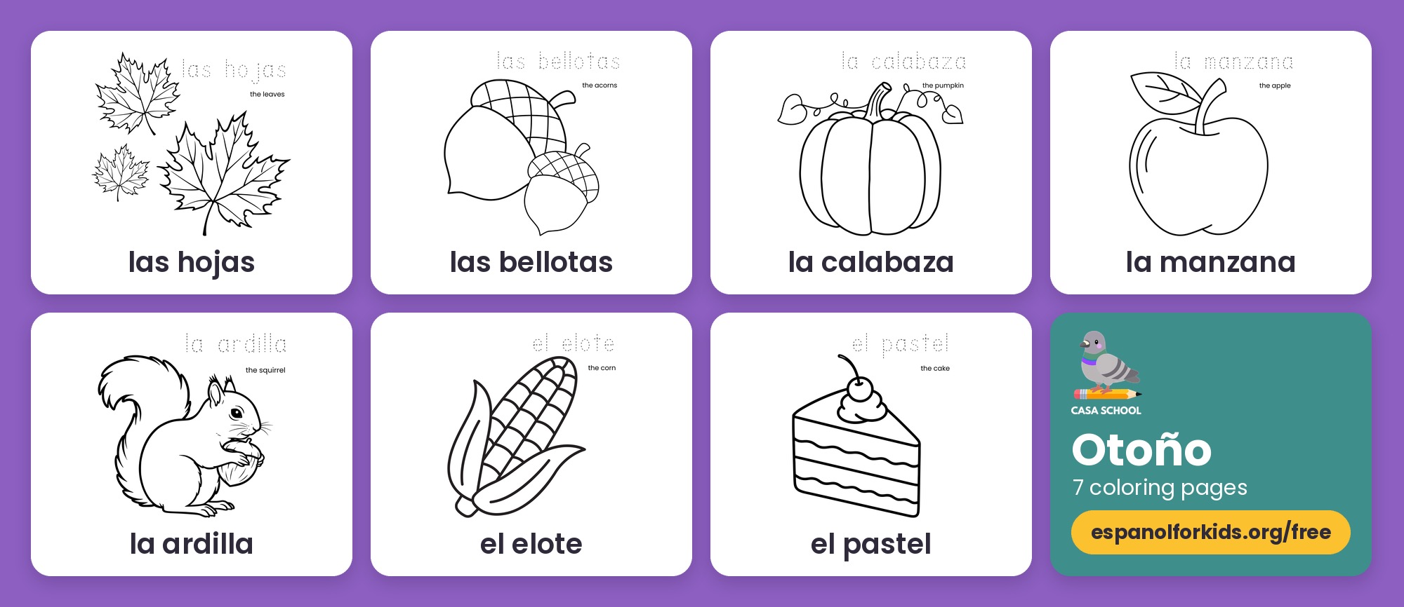 Spanish fall coloring pages with leaves, acorns, pumpkin, squirrel, corn and apple