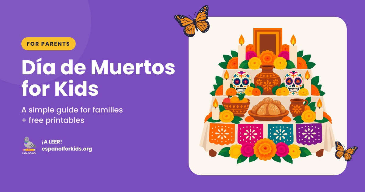A colorful Día de Muertos ofrenda with candles, marigolds, sugar skulls and papel picado, with monarch butterflies