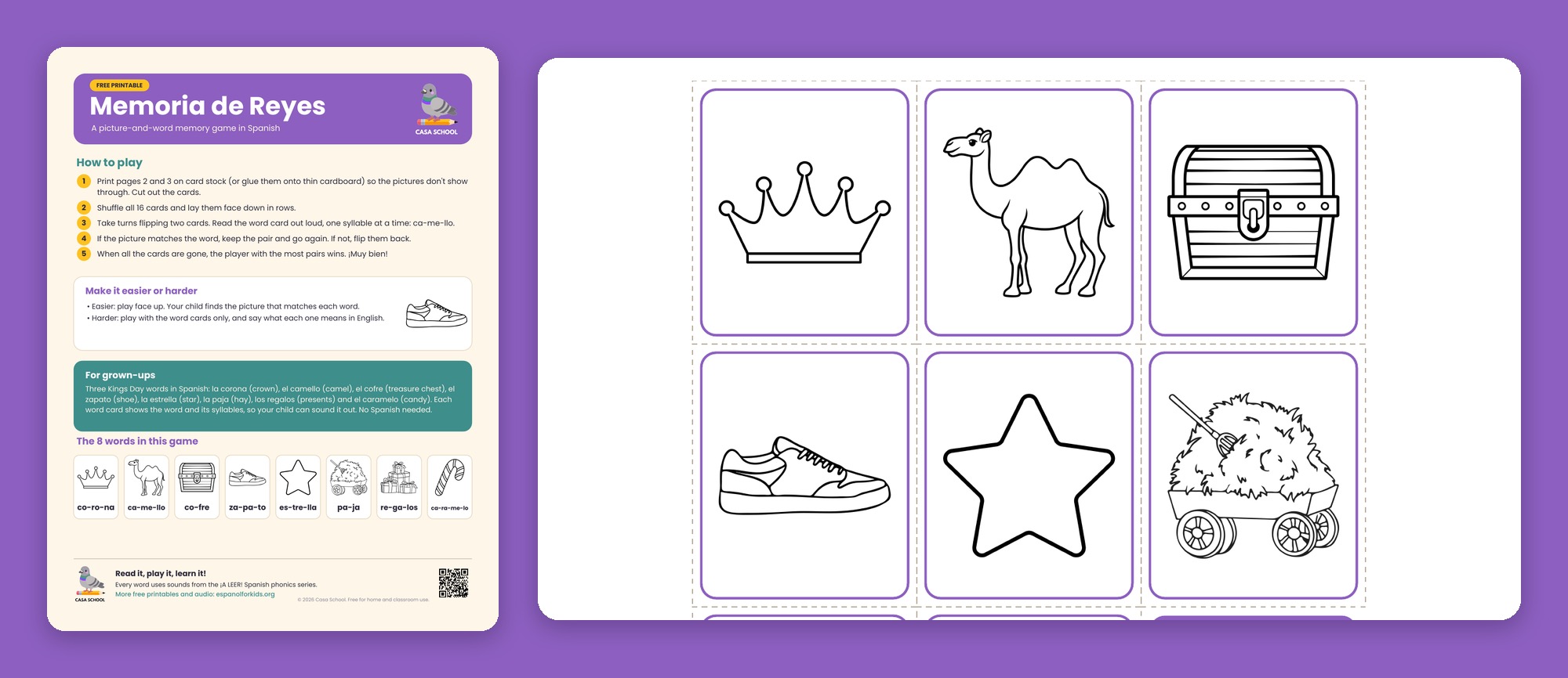 Three Kings Day memory game cards with pictures and Spanish words