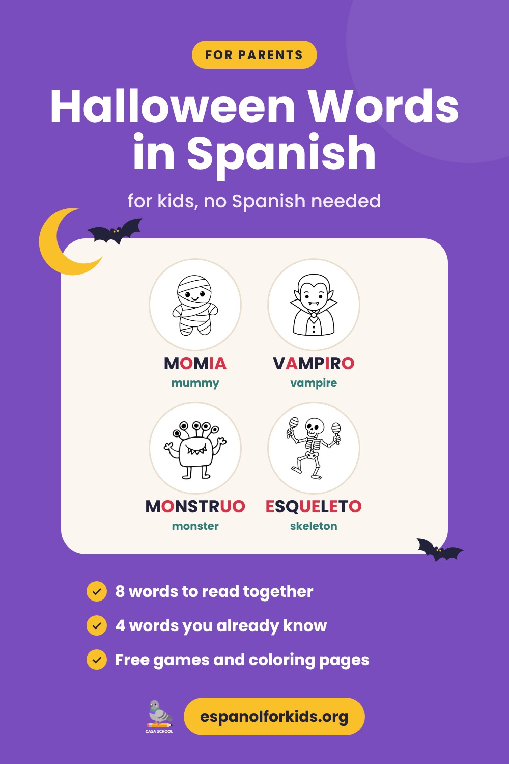 Halloween words in Spanish for kids, with free coloring pages and games