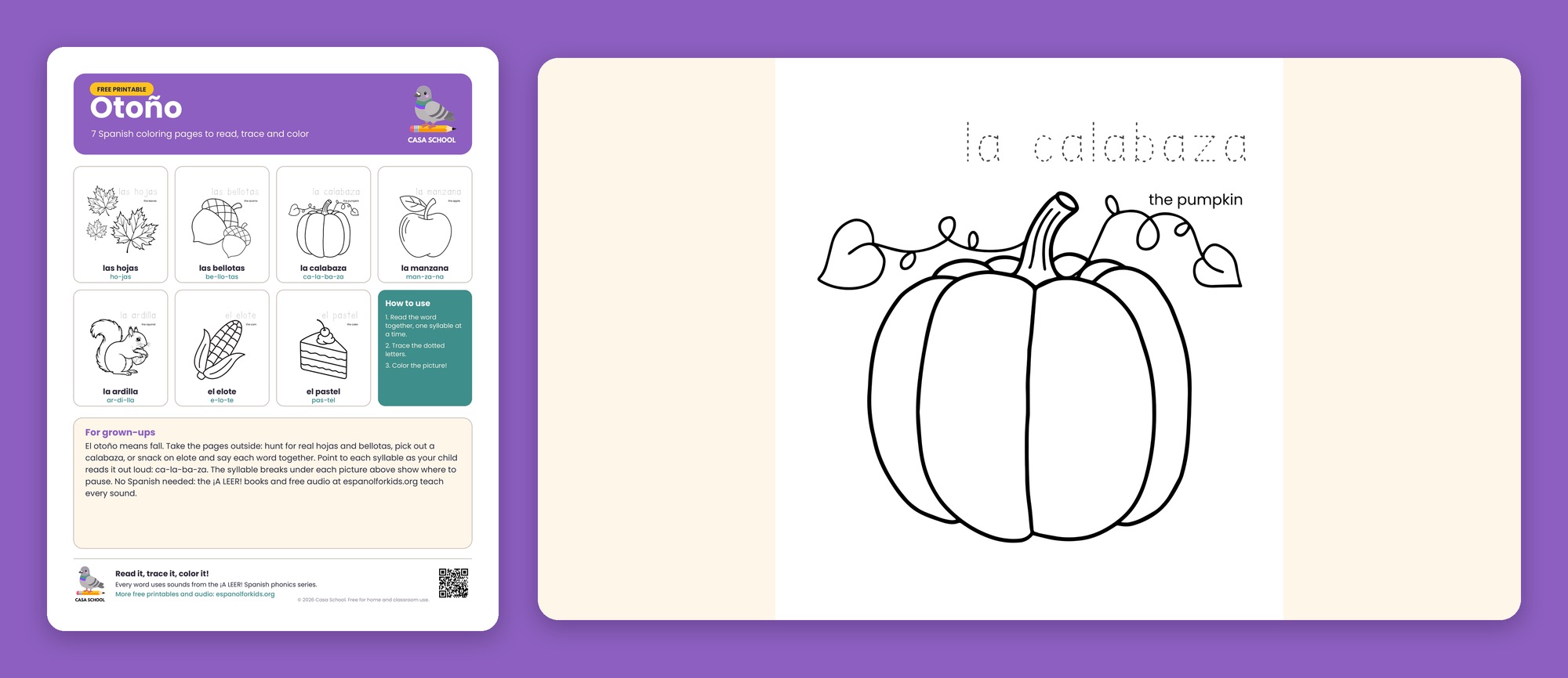 Spanish fall coloring pages with the words las hojas, las bellotas, la calabaza, la manzana, la ardilla, el elote and el pastel