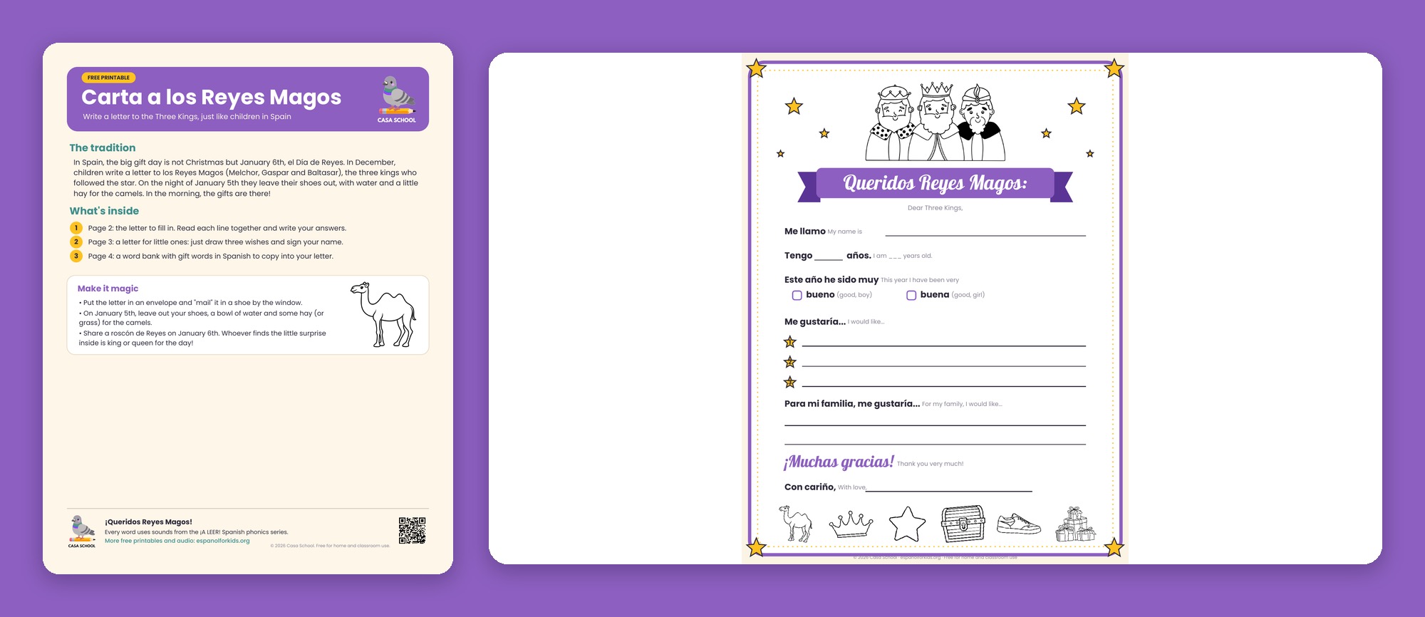 Letter to the Three Kings in Spanish with a word bank