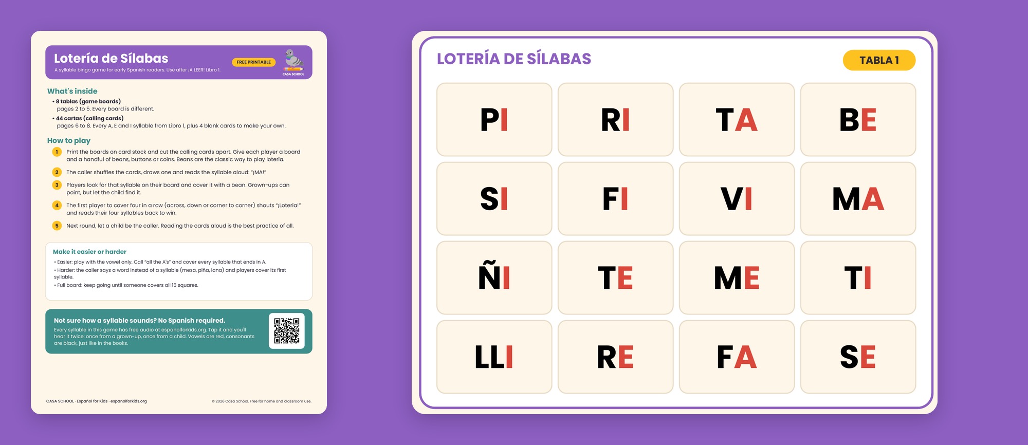 Spanish syllable lotería boards and calling cards