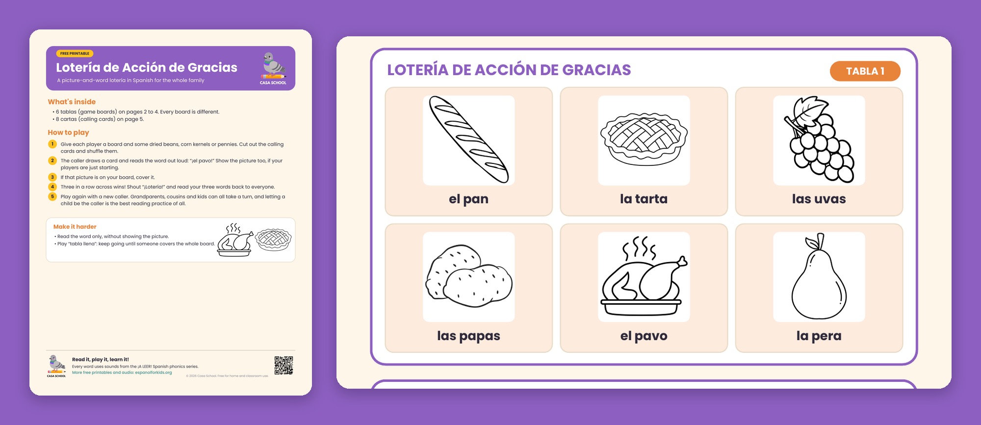 Thanksgiving lotería board in Spanish with pictures of bread, pie, grapes, potatoes, a turkey and a pear