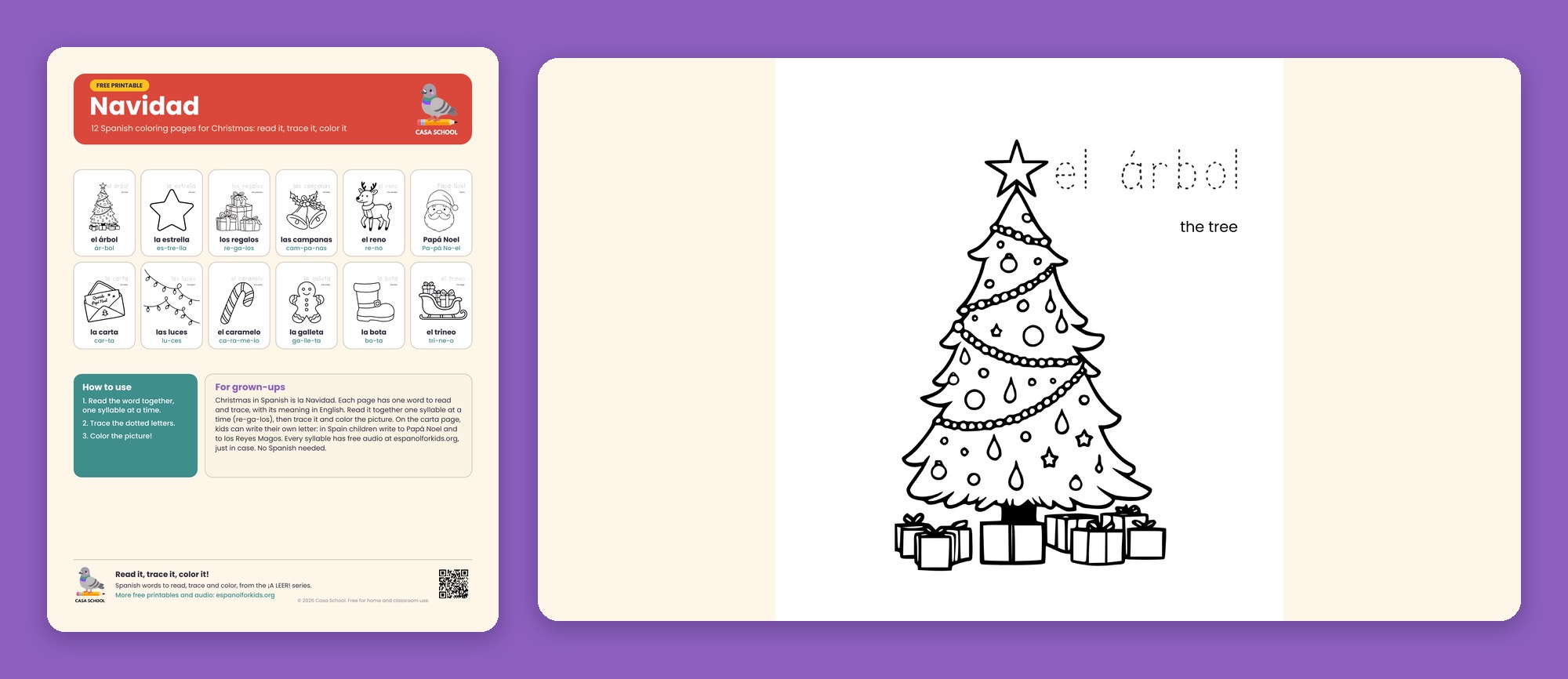 Christmas coloring pages in Spanish with words to read, trace and color