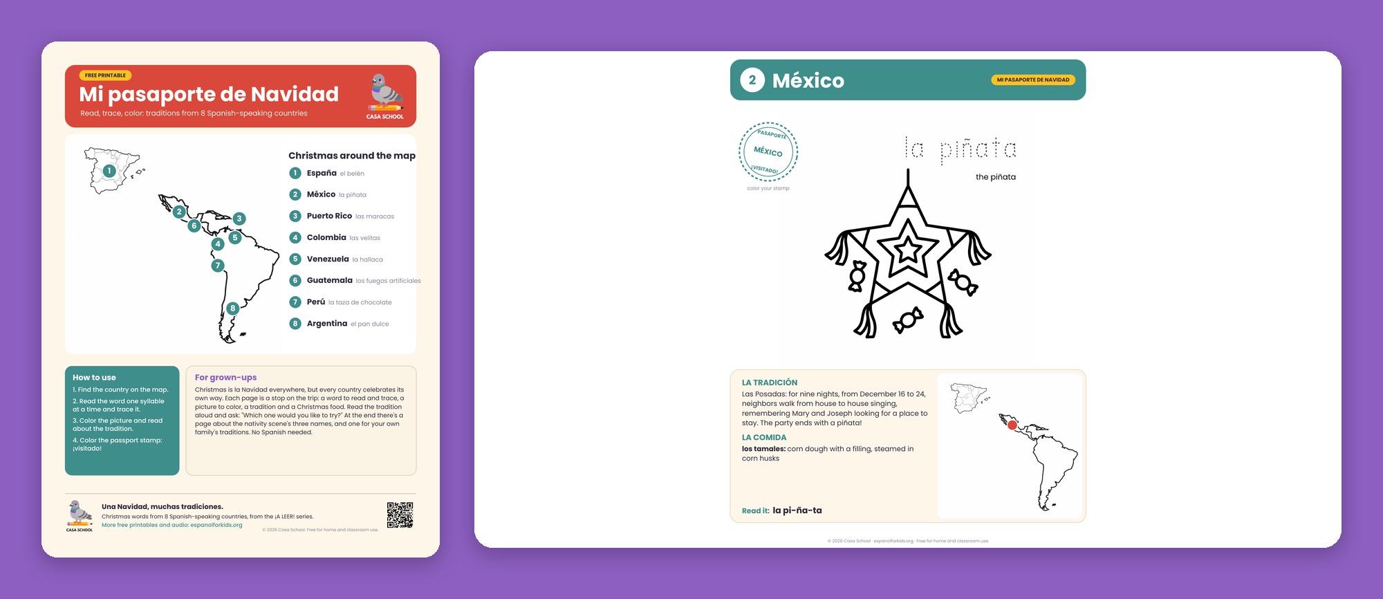 Christmas passport in Spanish with traditions from 8 Spanish-speaking countries and stamps to color