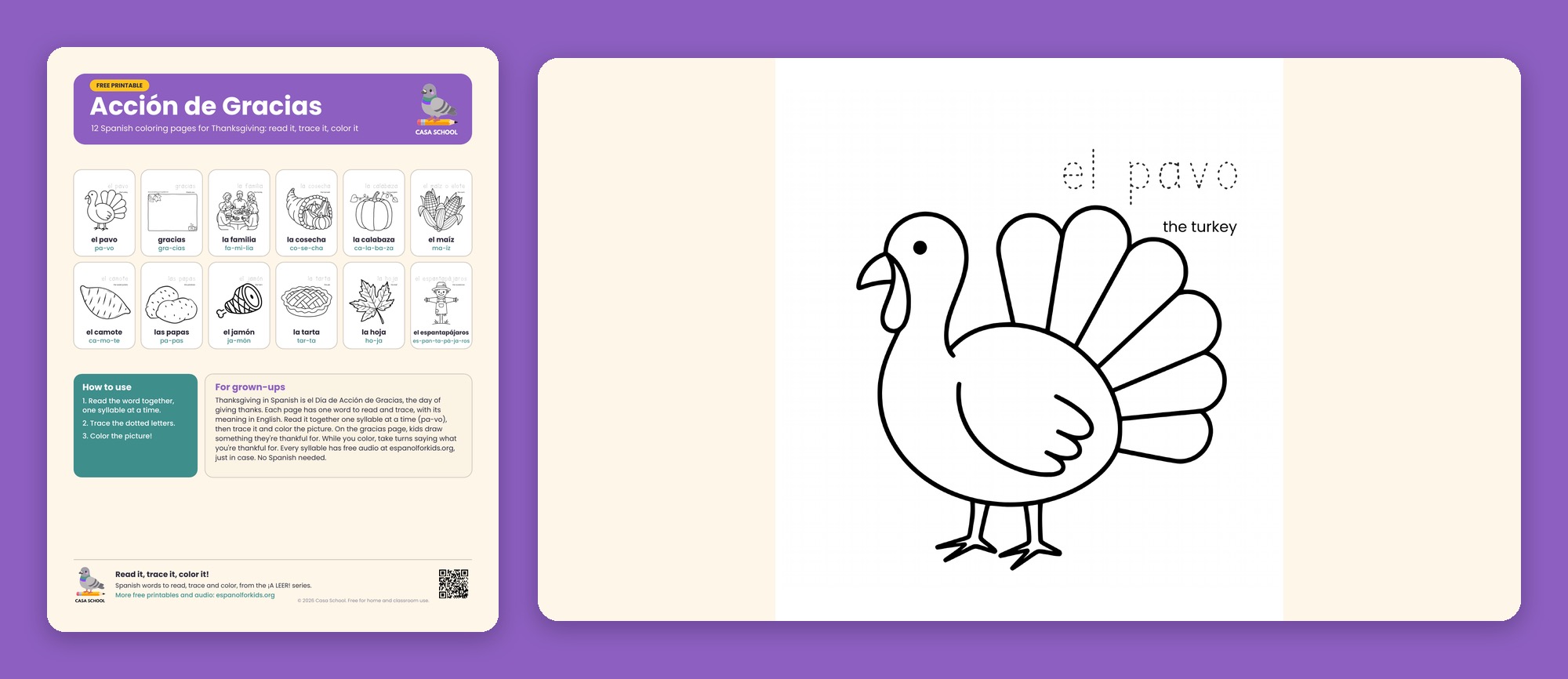 Thanksgiving coloring pages in Spanish with a turkey, a pumpkin, corn, a harvest cornucopia and a scarecrow