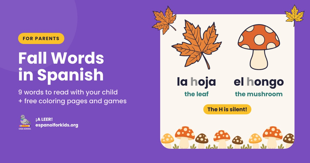 A maple leaf and a mushroom with the Spanish words la hoja and el hongo, above a row of colorful mushrooms