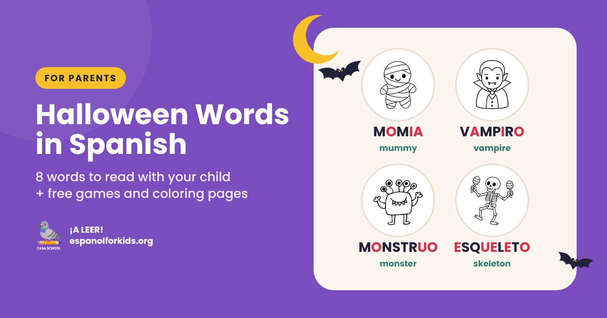Halloween words in Spanish: a mummy, a vampire, a monster and a skeleton with the words momia, vampiro, monstruo and esqueleto