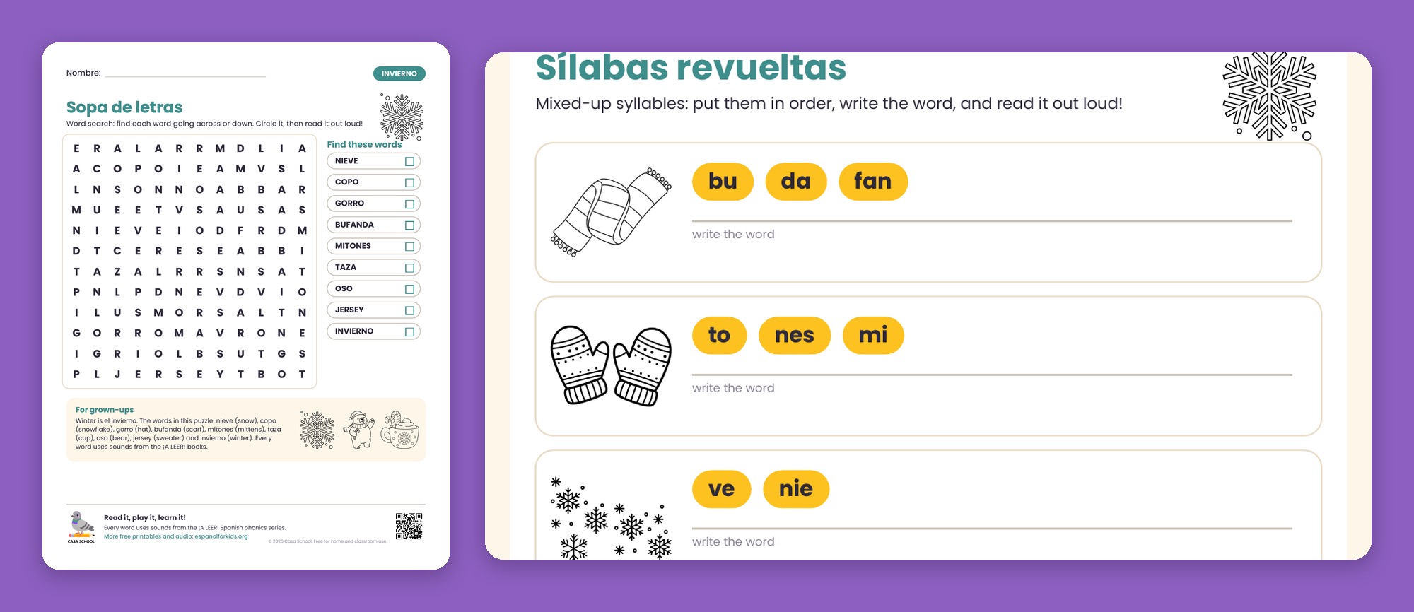 Winter word search and syllable puzzles in Spanish
