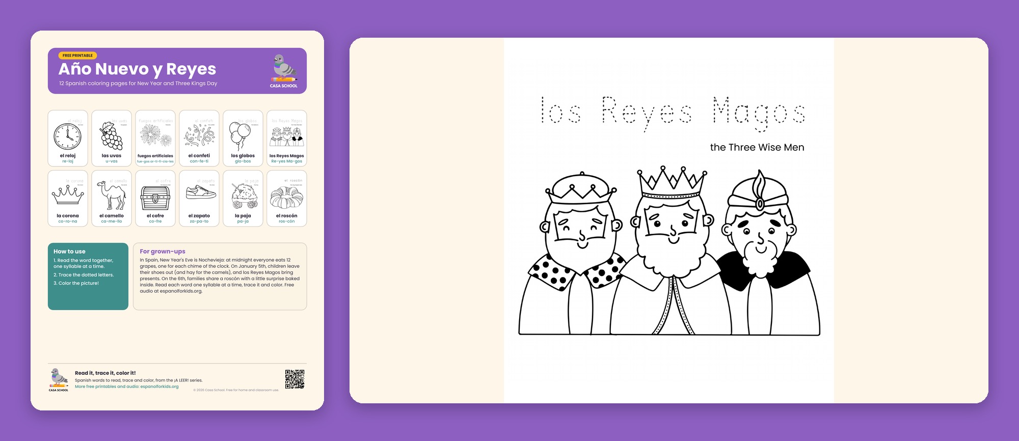 New Year's Eve and Three Kings Day coloring pages in Spanish