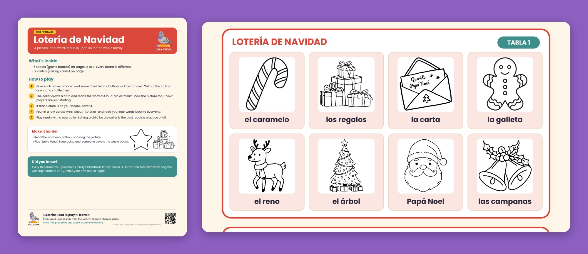 Christmas lotería board in Spanish with festive pictures and words