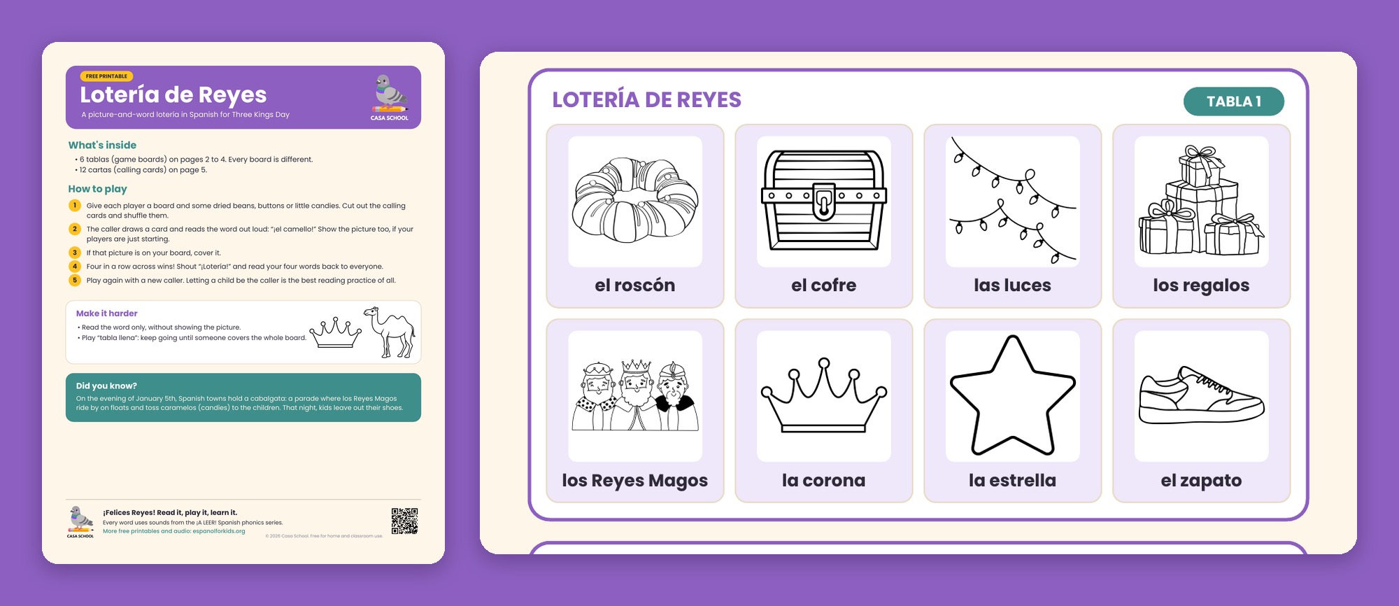Three Kings Day lotería boards and calling cards in Spanish