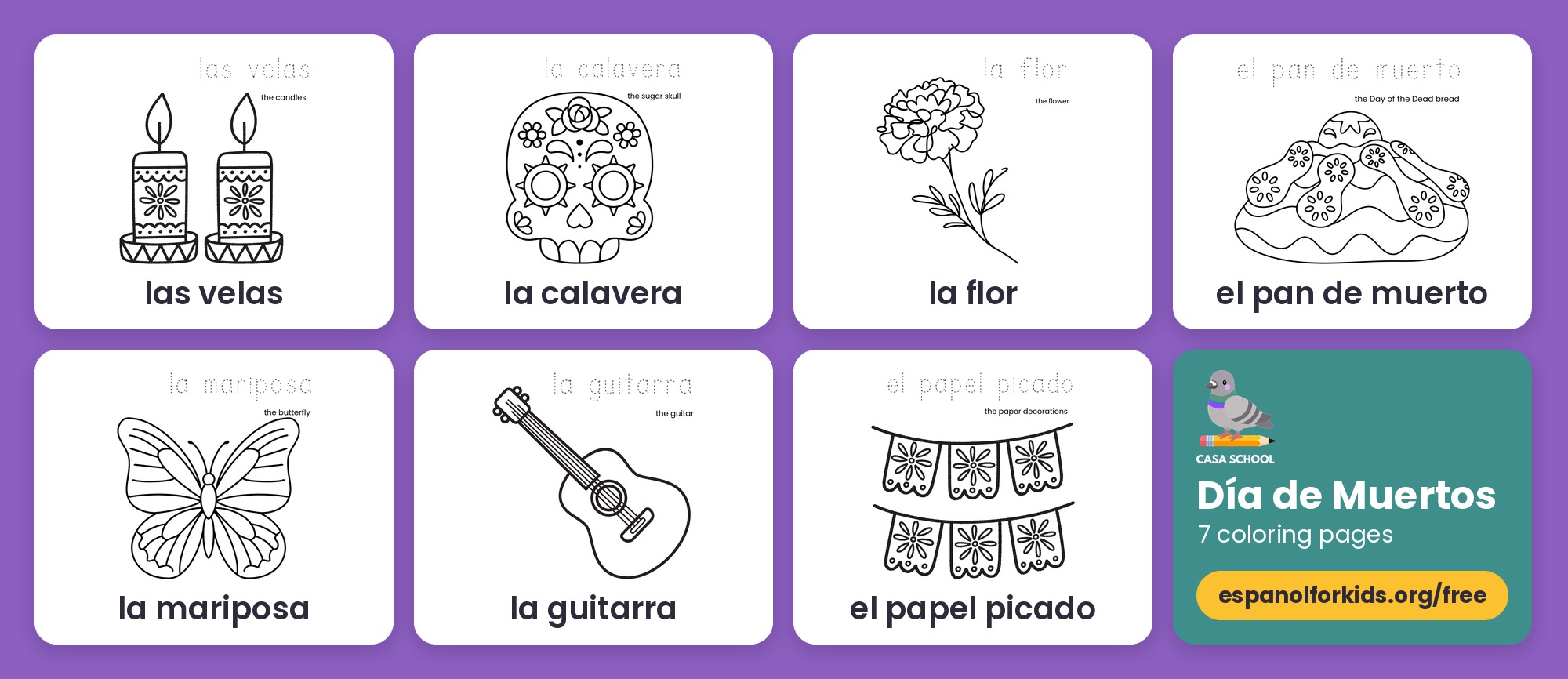 Día de Muertos coloring pages with a sugar skull, candles, papel picado, marigold, pan de muerto and butterfly