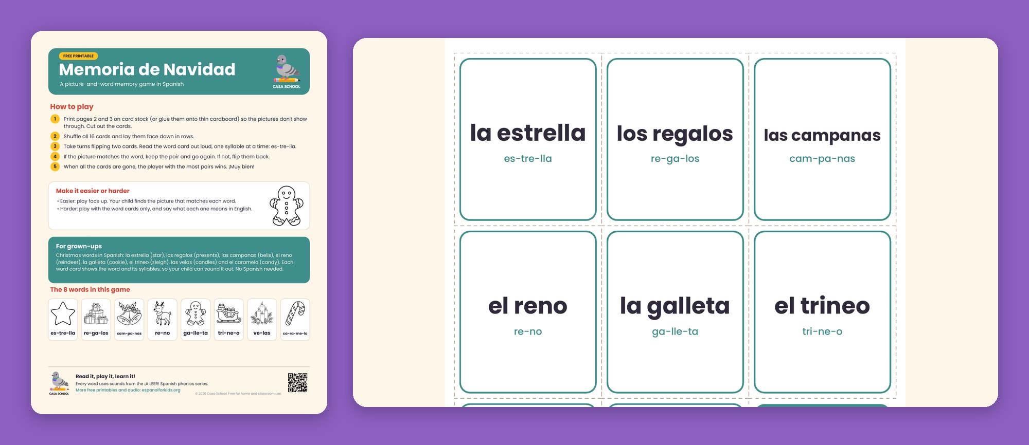 Christmas memory cards in Spanish with pictures and words to match