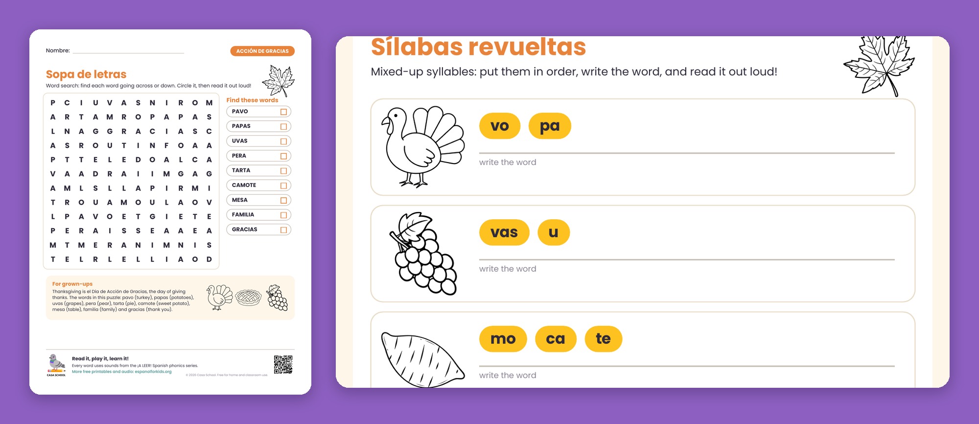 Thanksgiving word search in Spanish with words like pavo, tarta and familia