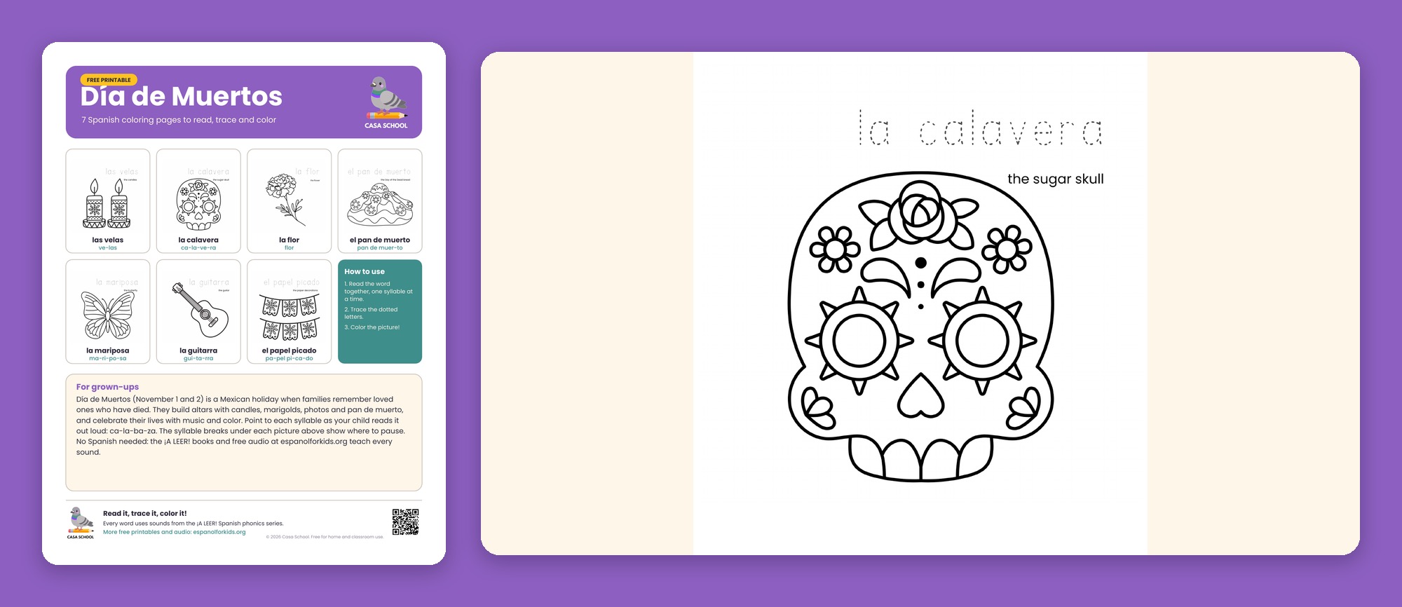 Día de Muertos coloring pages in Spanish with the words las velas, la calavera, la flor, el pan de muerto, la mariposa, la guitarra and el papel picado