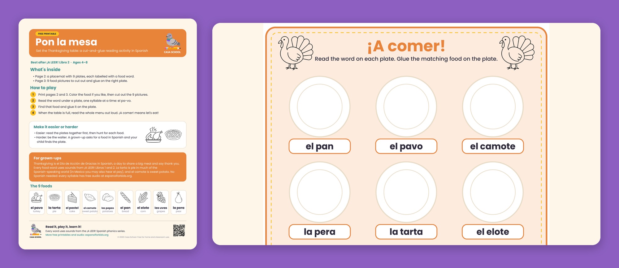 Thanksgiving placemat in Spanish with nine labelled plates and food pictures to cut out