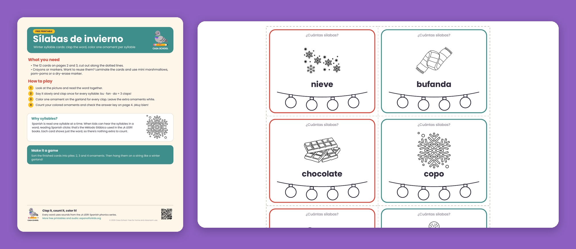 Winter syllable cards in Spanish with ornaments to color