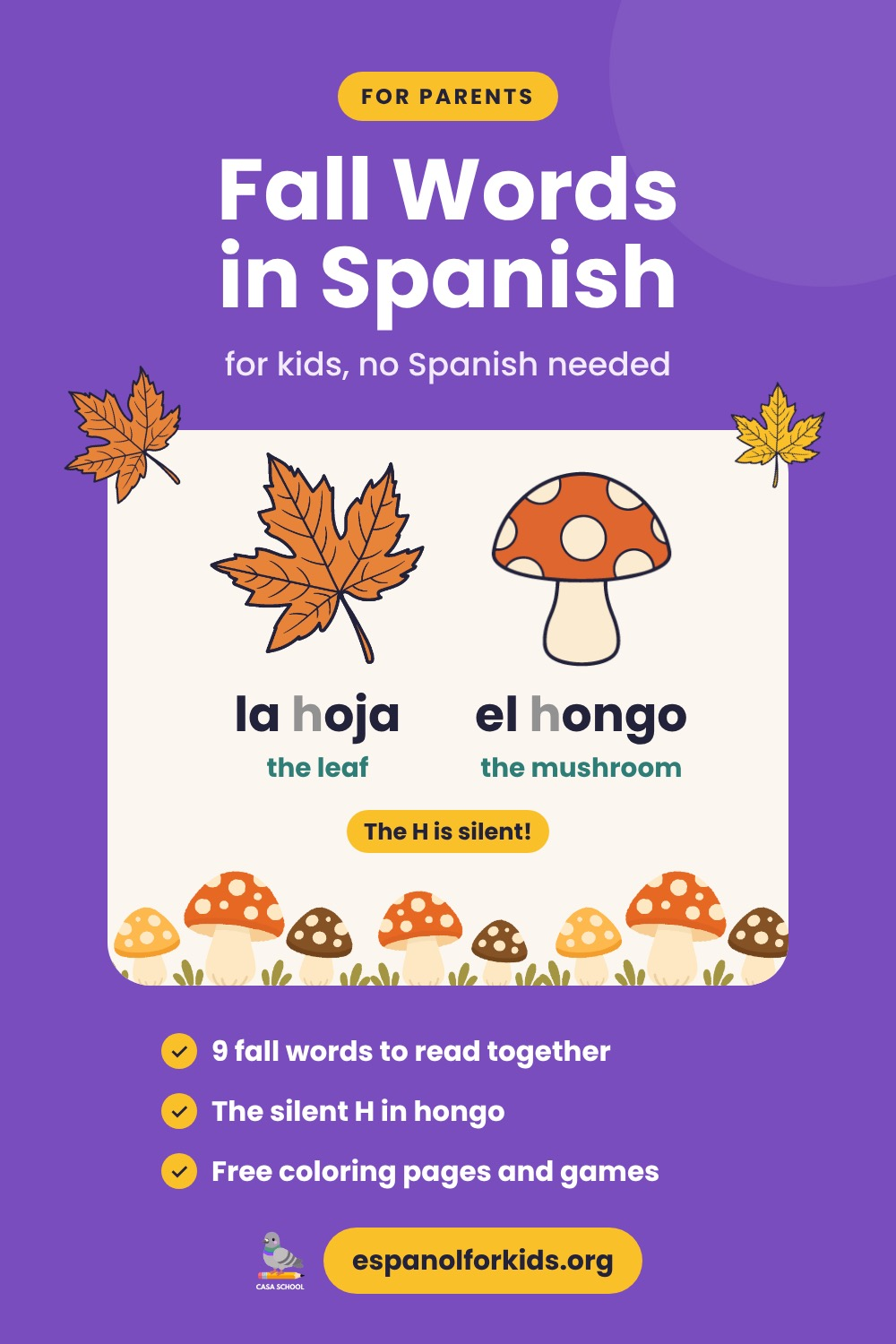 Fall words in Spanish for kids: a leaf and a mushroom with the words la hoja and el hongo, plus free coloring pages and games