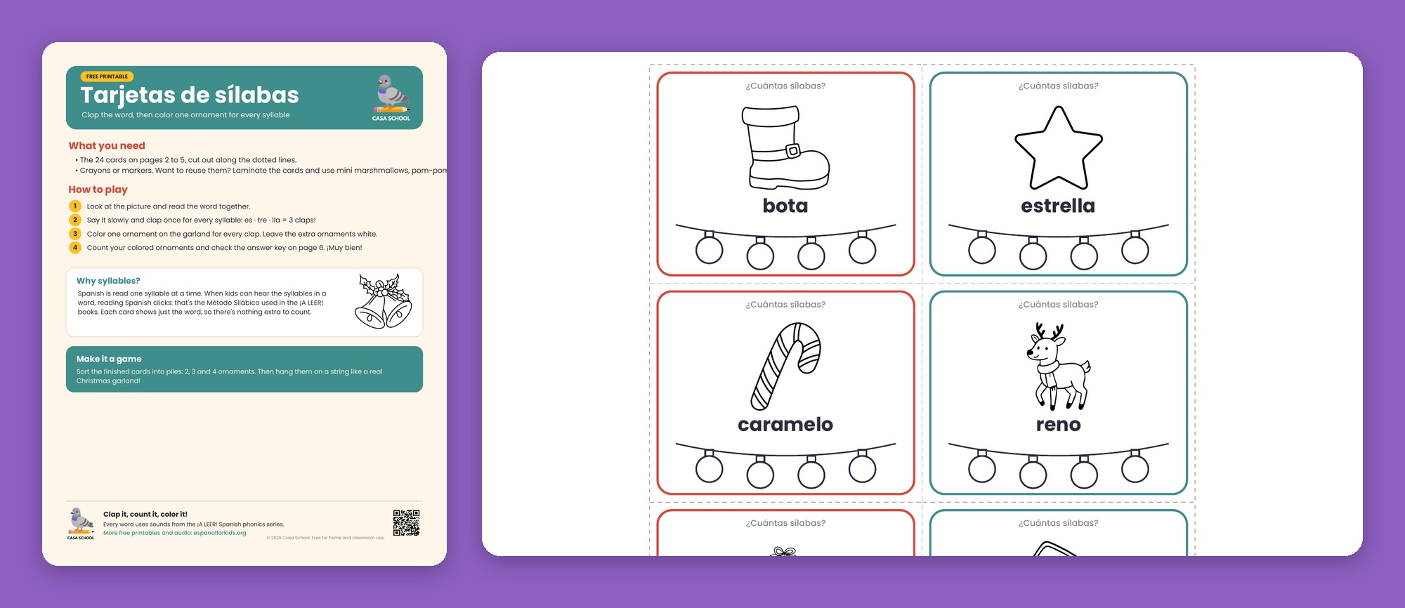 Christmas syllable cards in Spanish with an ornament garland to color
