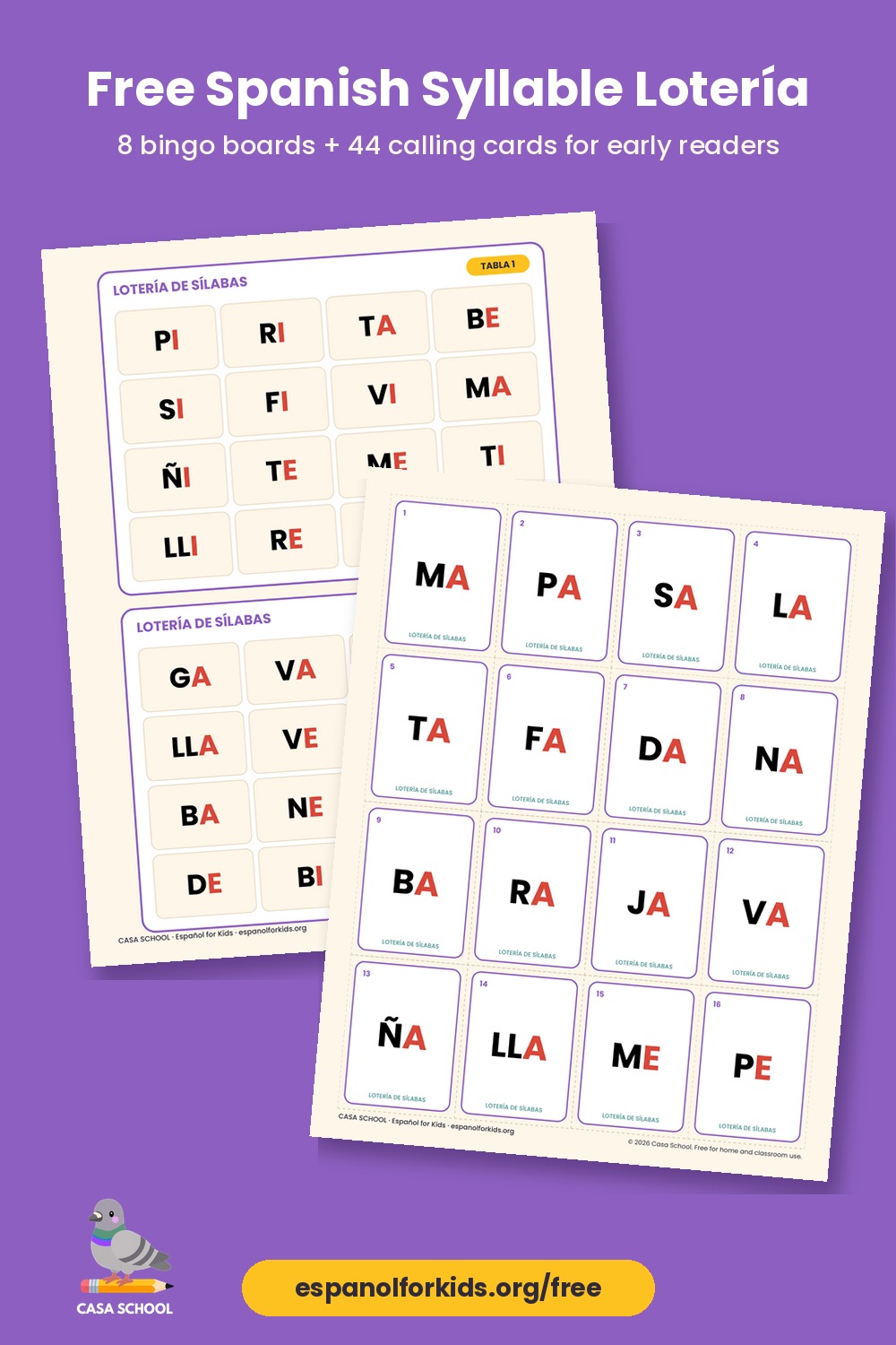 Spanish syllable lotería boards and calling cards