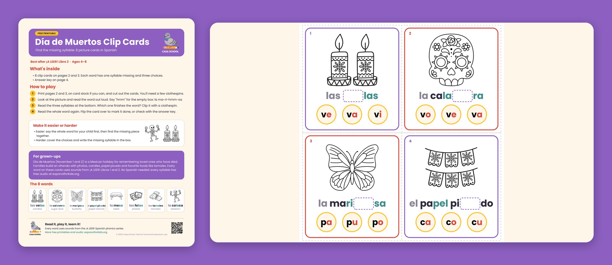 Día de Muertos clip cards in Spanish with pictures and a missing syllable to choose