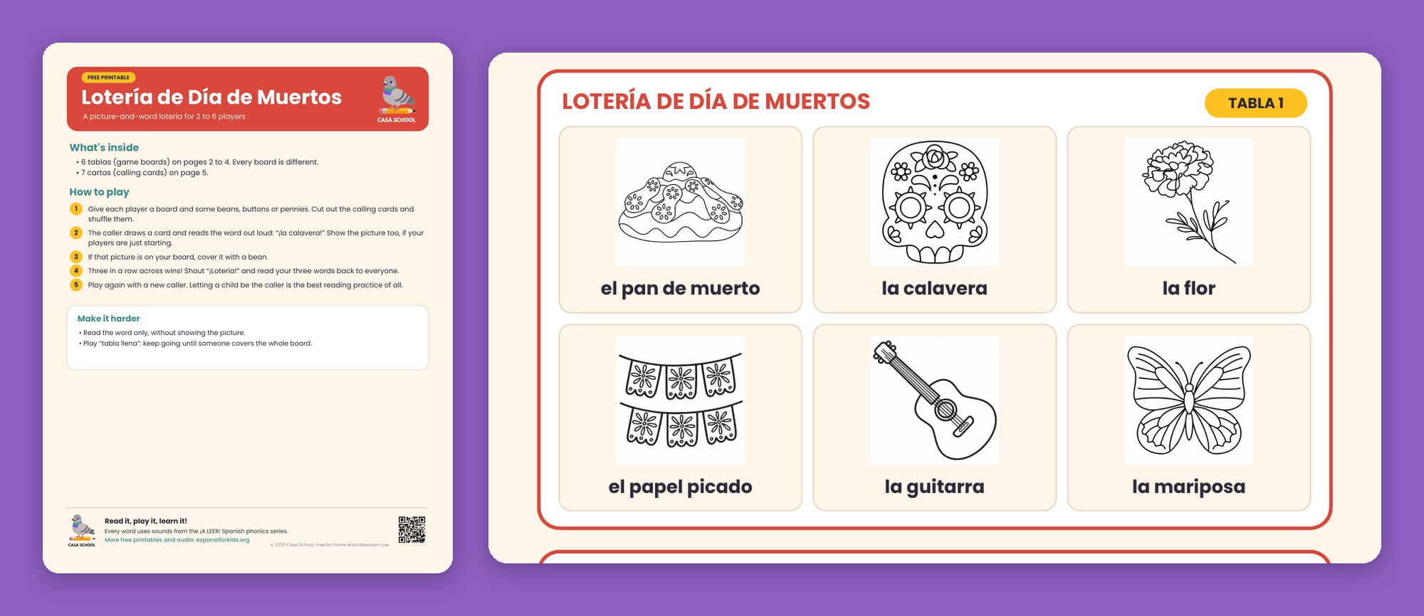 Día de Muertos lotería board with pictures and Spanish words