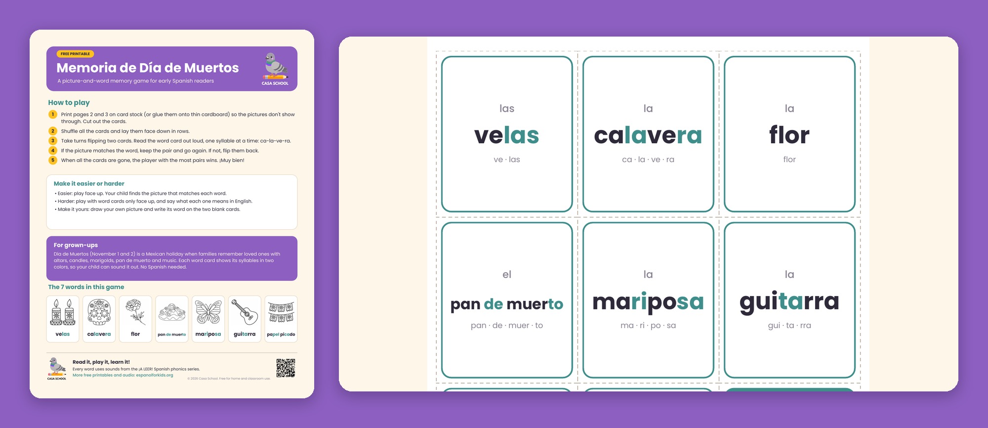 Día de Muertos memory cards with pictures and Spanish words
