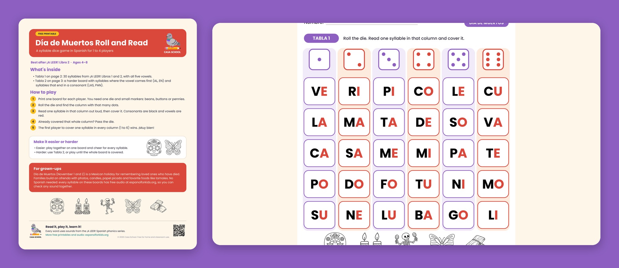 Día de Muertos roll-and-read board with dice faces above columns of Spanish syllables
