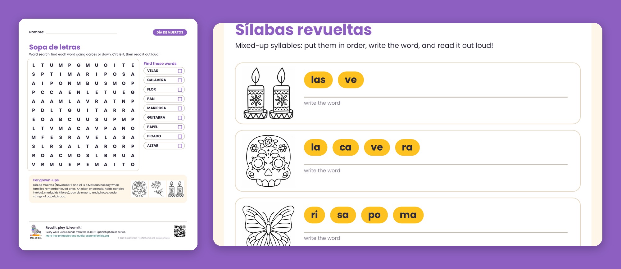 Día de Muertos word search in Spanish