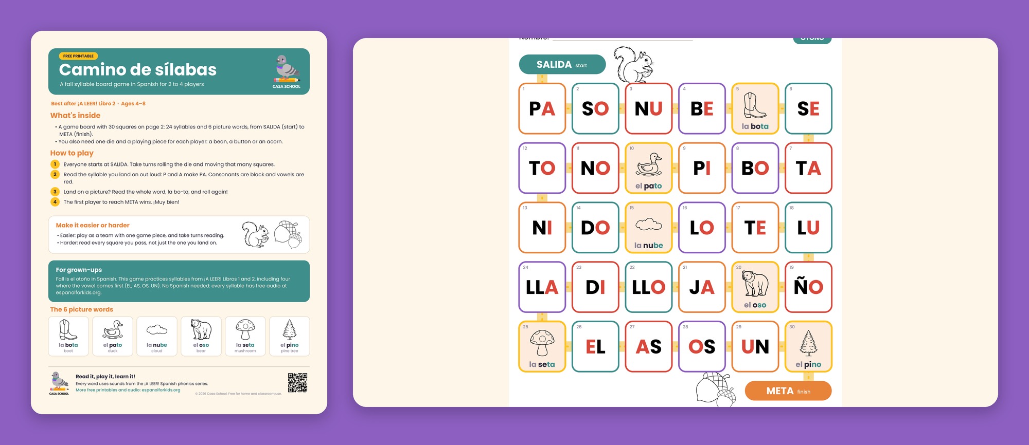 Spanish syllable board game with a path of syllable squares and fall pictures, from SALIDA to META