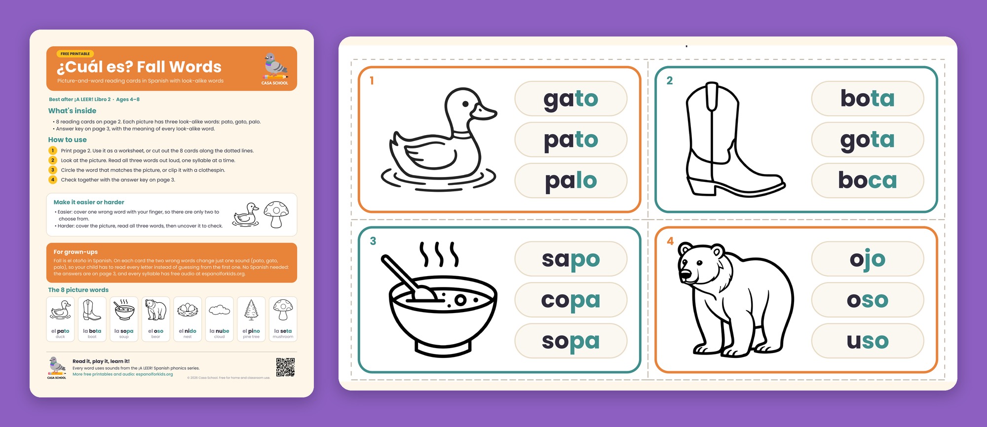 Fall reading cards in Spanish with a picture and three look-alike words on each card