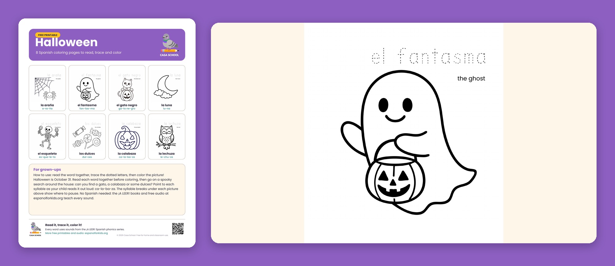 Halloween coloring pages with Spanish words to trace