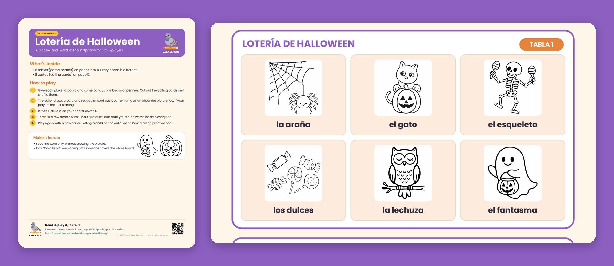 Halloween lotería board with pictures and Spanish words