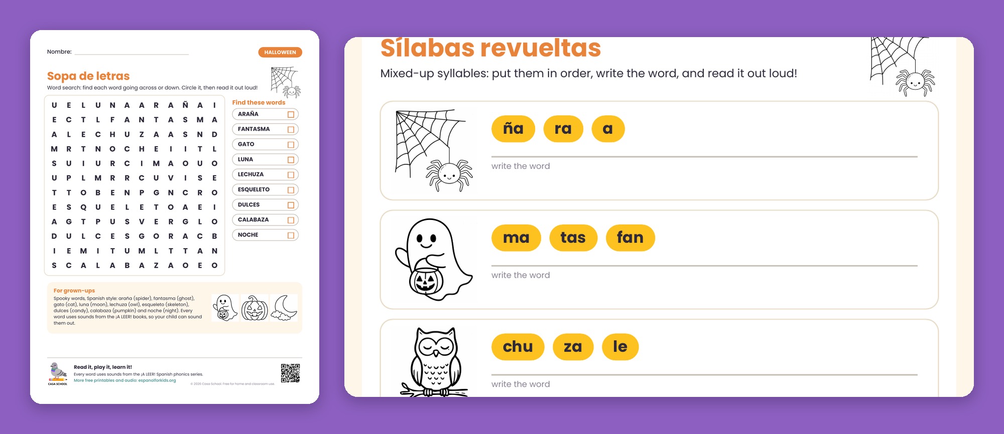 Halloween word search in Spanish