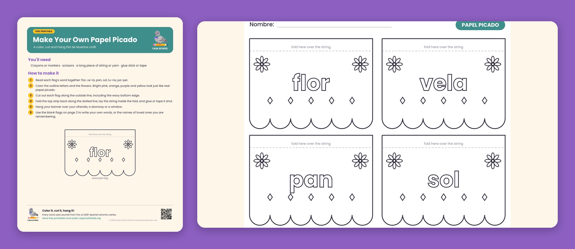 Papel picado flags to color with Spanish words flor, vela, pan, sol, luna and papel