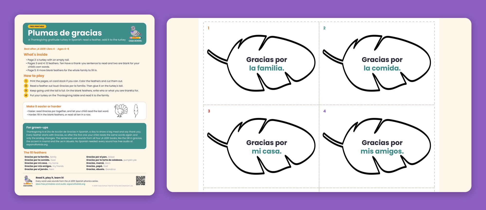 Thanksgiving turkey feathers in Spanish with thank-you sentences to read, color and cut out